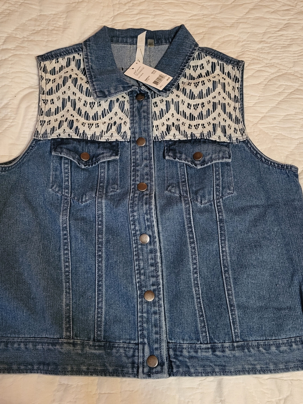 *NWT* NY Collection Light Blue Denim Vest with White Lace